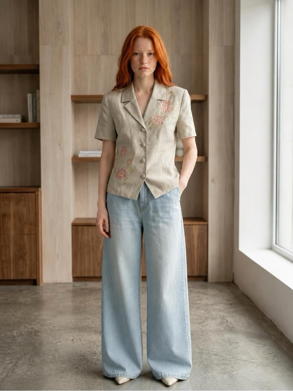 Light Green Embroidered Short-Sleeve Blazer Top - Women